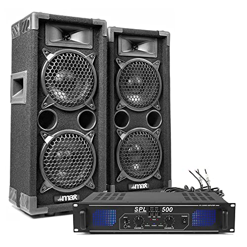 Max Dual 6 Passive DJ Speaker System with Skytec SPL500 Power Amplifier 1200W - Complete DJ Disco Party Audio Setup with Speaker Cables Included