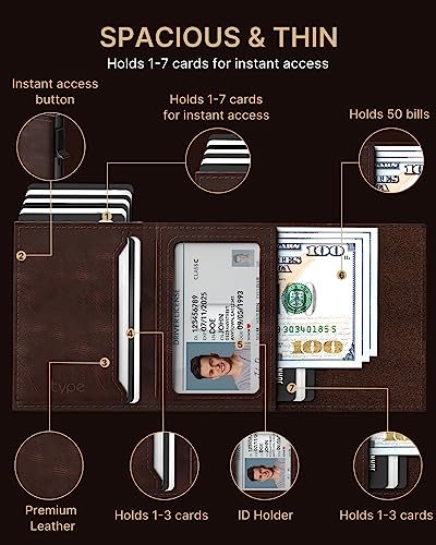Image of typecase Mens Wallet Card Holder: Pop Up Aluminum Case, Genuine Leather, Smart, RFID Blocking, Slim, Minimalist, Front Pocket - 9-14 Card Capacity | ID Window | Cash Slot - Oil Wax Brown
