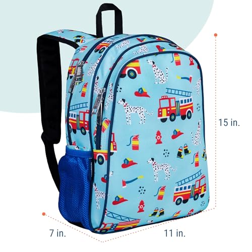Image of Wildkin 15 Inch Backpack for Kids, Firefighters | Ages 5-10, padded straps, side water bottle pocket - coordinates with matching Wildkin lunch boxes