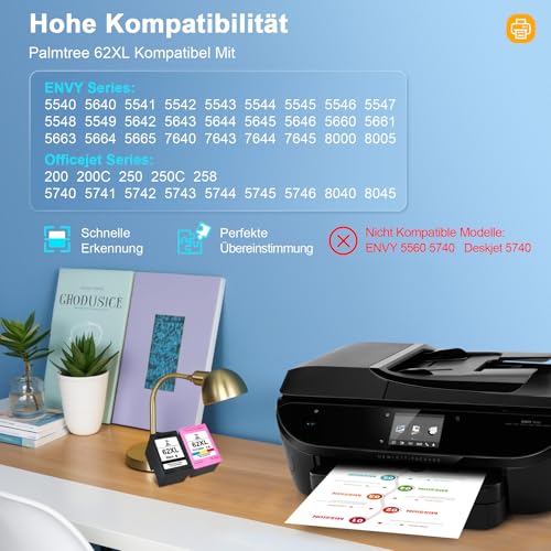 Palmtree 62XL patronen Kompatibel Ersatz für HP 62 Druckerpatronen 62 XL HP62 62XL Schwarz and Farbe Patronen für HP Envy 5540 5548 7640 5640 5646 OfficeJet 250 200 5740 5742