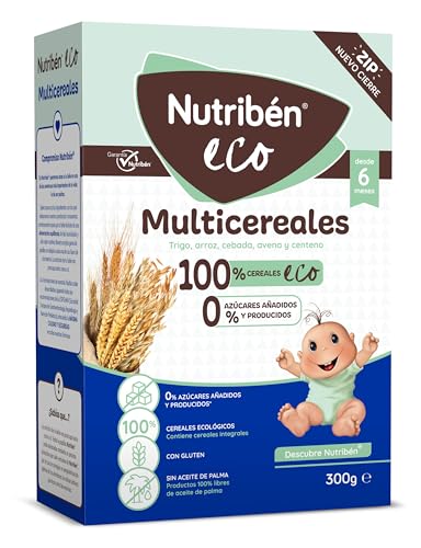 Nutribén EcoPapilla Multicereales | 300 g | Alimento para Bebés a partir de 6 meses | 0% azúcares añadidos | Cereales Ecológicos, Trigo, Arroz, Avena, Cebada y Centeno | Sin aceite de palma