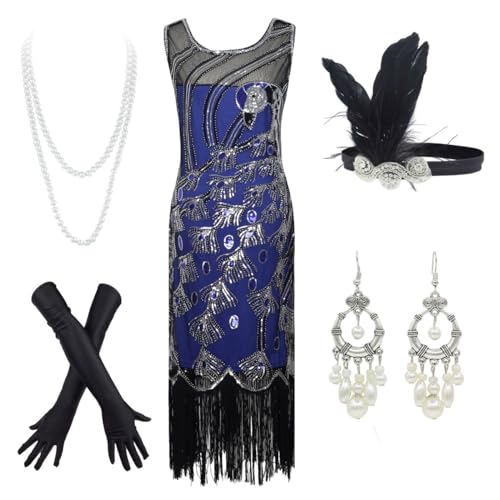 Accessoires de paon des années 1920 bleu à paillettes et franges en taille XX-Large pour femme