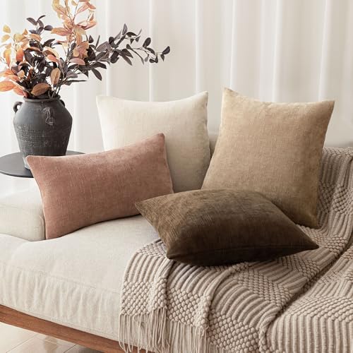 Image of Foindtower Pack of 2 Soft Textured Chenille Throw Decorative Pillow Covers Square Accent Solid Cushion Cover Neutral Lumbar Pillow Case for Couch Sofa Bedroom Living Room 12x20 Inch,Dusty Pink