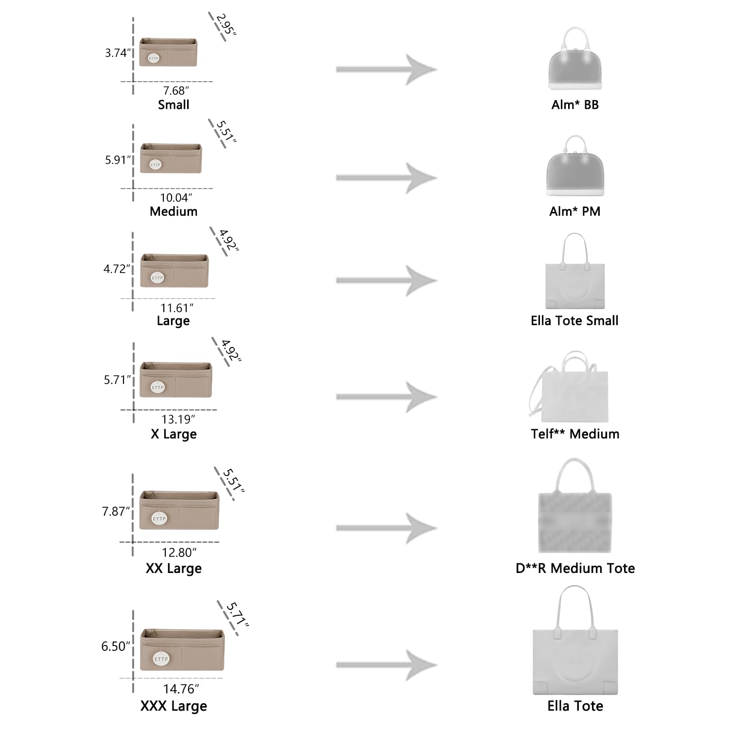 Organizador de bolso para bolsos, organizador de bolsas, compatible con Alam BB y PM, Ella Tote, Telfar mediano, bolsa de libros M (beige, XXXL)