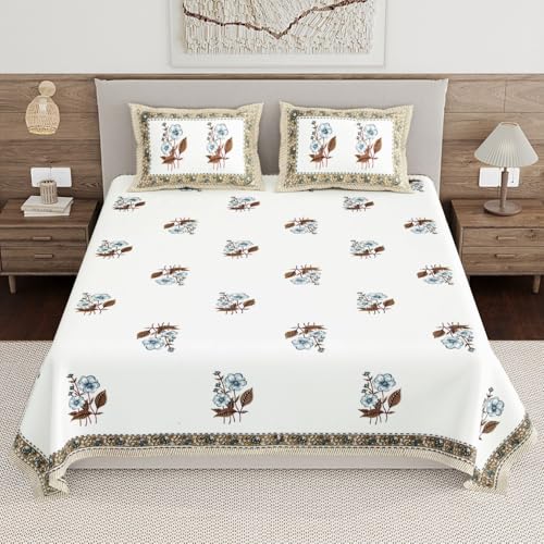 Image of Living Roots Ethnic Jaipur Block Print Double Cotton Bedsheet & 2 Pillow Covers, for Mattress Upto 6 inches Thick, No Colour Bleeding, Mustard Colour, King Size 90 * 108 inches, 120TC (613-C)