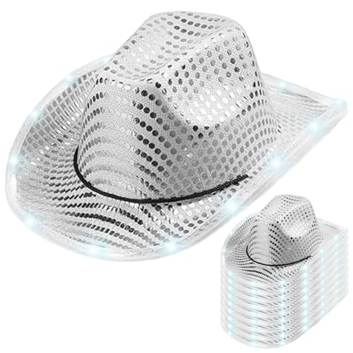Chapeau de cowboy lumineux LED argenté à paillettes disco Jorzer pour fête