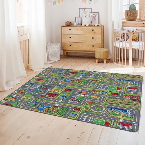 Primaflor Spielteppich mit Straßen & Kreisverkehr – Spielteppich für Kinder 95x133 cm – pflegeleichter Kinderteppich mit Straßen