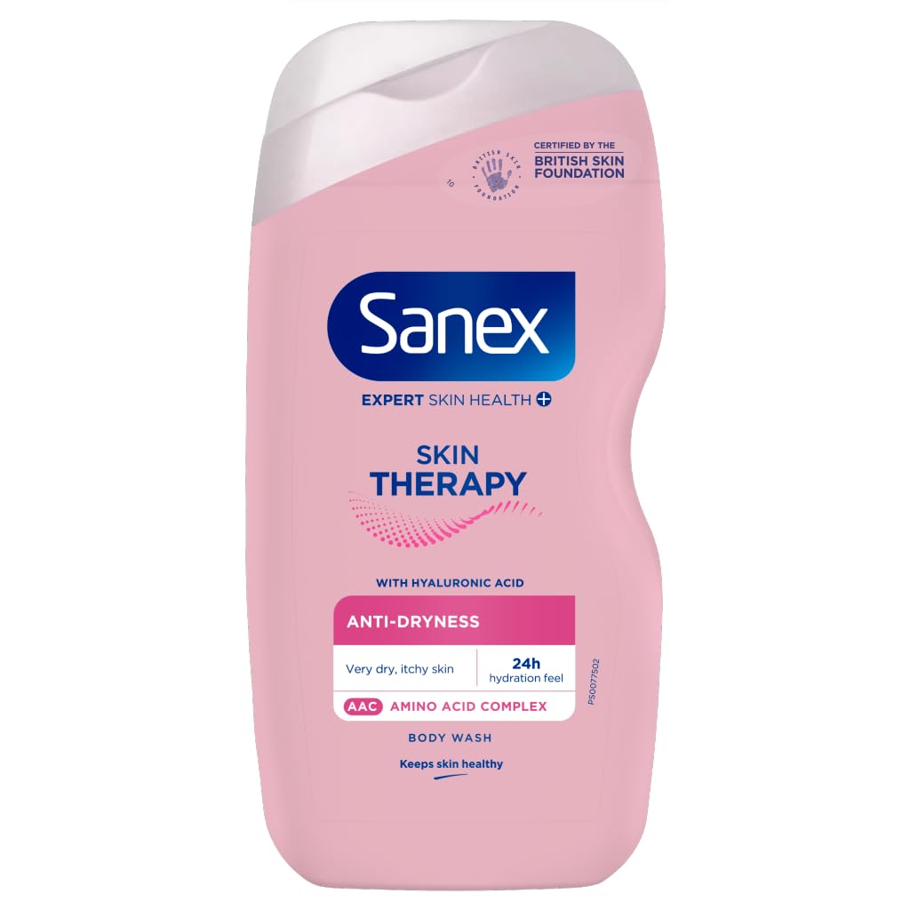 Sanex Skin Therapy Anti-Dryness Shower Cream 450 ml, Dry Skin Body Wash, Relieves Dryness and Reduce Itchiness, Amino Acid Complex With Hyaluronic Acid, Supports Skin's Barrier, 0% Sulphates