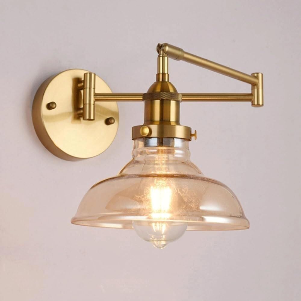 HPTHLY Simple Gold Wall Lighting Industrial Swing Arm Adjustable Wall Sconces Clear Glass Shade Wall Lamps For Bedroom Reading Study Bedside