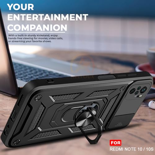 Image of Armor Bumper Back Cover Case for Redmi Note 10 / 10S Rotating Camera Cover, Ring Holder & Kickstand | Heavy Duty & 360 Degree Protection Redmi Note 10 / 10S Back Cover (Black)