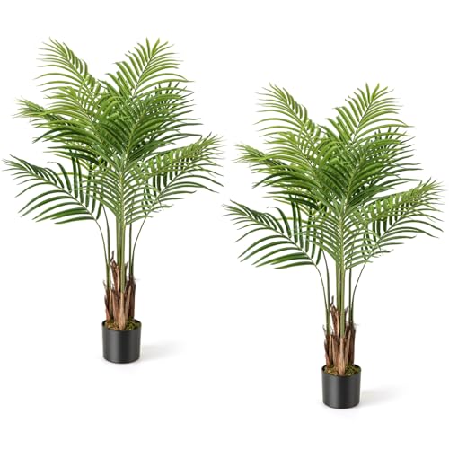TANGZON Artificial Palm Tree, Fake Tropical Palm Plant in Pot, Indoor Outdoor Decorative Faux Silk Areca Tree for Home Office Living Room Bedroom Porch (2, 4FT/128CM)
