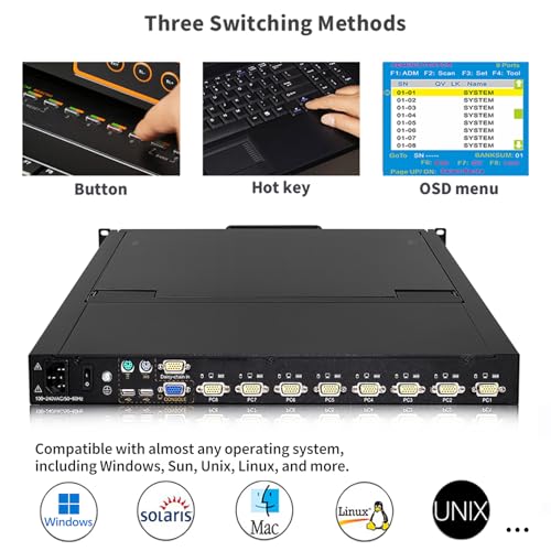Image of 1U Rack Mount KVM Console Built-in 8 Port VGA KVM Switch, 19 inch Rackmount Monitor Keyboard Touchpad, OSD /Hotkey /Button Switch,1280X1024@60Hz 5:4 Ratio, Incl. Cables,Compatible with Windows,Linux,Mac,Sun