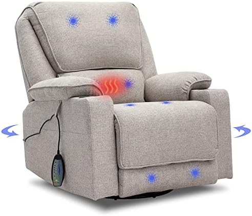 YOCONYO Swivel Rocker Recliner with Massage and Heated Functions, Living Room Chair with Remote Control, Two Cup Holders (Light Gray)