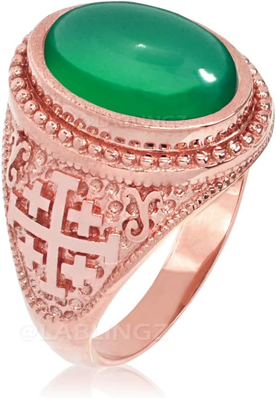 LA BLINGZ 10K Rose Gold Jerusalem Cross Green Onyx Gemstone Statement Ring