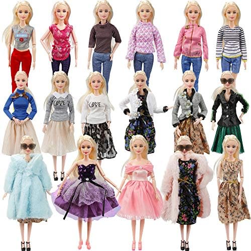 26 Pack Doll Clothes and Accessories - 1 Winter Coat 1 Jacket 4 Fashion Dresses Clothes 5 Top and 5 Pants 10 Pairs Shoes, Size Suit for11 Inch Doll