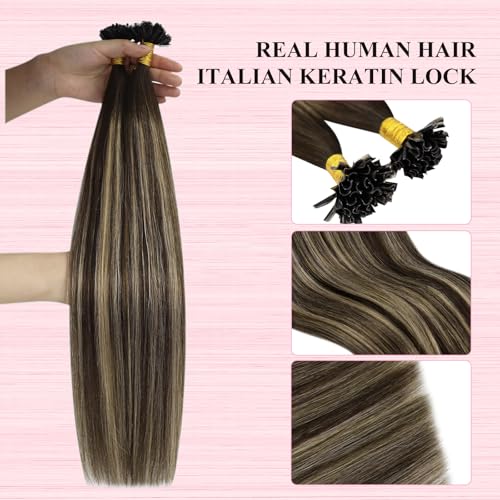 Image of YoungSee U Tip Hair Extensions Human Hair Balayage Utip Hair Extensions Ombre Dark Brown with Ash Blonde Utips Hair Extension Real Human Hair Ombre Ktip Extension for Long Hair 24In 1G /S 50G