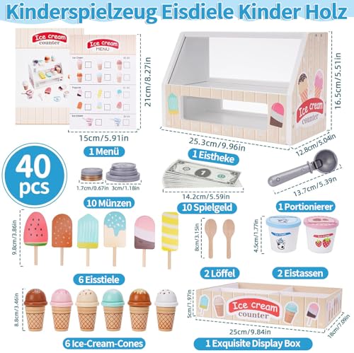 Eisdiele Kinder Holz, Kinderküche Zubehör ab 3 Jahre, Holzspielzeug Spielküche Zubehör, Eisladen Kinder Holz Einkaufsladen, Montessori Spielzeug Weihnachten Kinderspielzeug für Jungen Mädchen