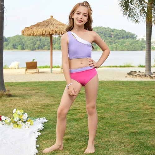 Image of Mirawise Girls Swimsuit One Shoulder Metallic Patchwork Neckline Bathing Suit 2 Piece Bikini