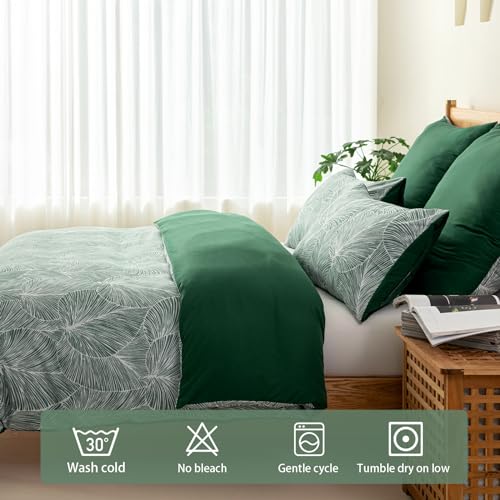 Image of Lekesky Emerald Green Duvet Cover King Size, Reversible King Comforter Cover with Tropical Leaves Pattern, Soft 100% Washed Microfiber 3 Pieces Green Bedding Set with Zipper and 2 Pillowcases