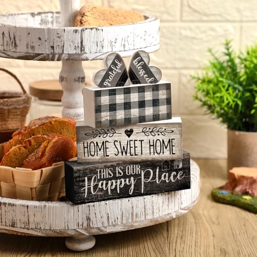 Image of Moucuny 4 Pcs Farmhouse Decor Black and White Farmhouse Tiered Tray Decorations Home Sweet Home Table Centerpiece Wooden Blessed Heart Rustic Checked Kitchen Decor and Accessories Block Sign for Shelf