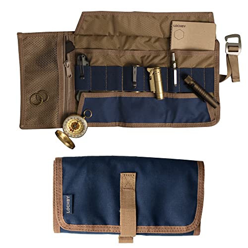 LOCHBY Tool Roll, 8x16 Inches (Unrolled) - Rugged Everyday Carry Organizer for Pens, Tools, & More - Tactical Accessory for Men & Women Made with Waxed Canvas - Aluminum Hook Fastener. (Navy)