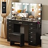 VOWNER Vanity with Lighted Mirror - Glass Top Makeup Vanity Desk w/Bluetooth Speaker, 14 Lights and 11 Drawers, 3 Color Lighting Modes Adjustable Brightness, Makeup Desk with Outlet for Bedroom, Black