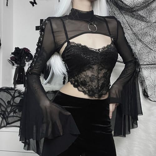 Image of Women Goth Crop Tops Gothic Punk Fishnet Cover Up Bell Sleeve Shawl Mesh Bolero Shrug Cardigan