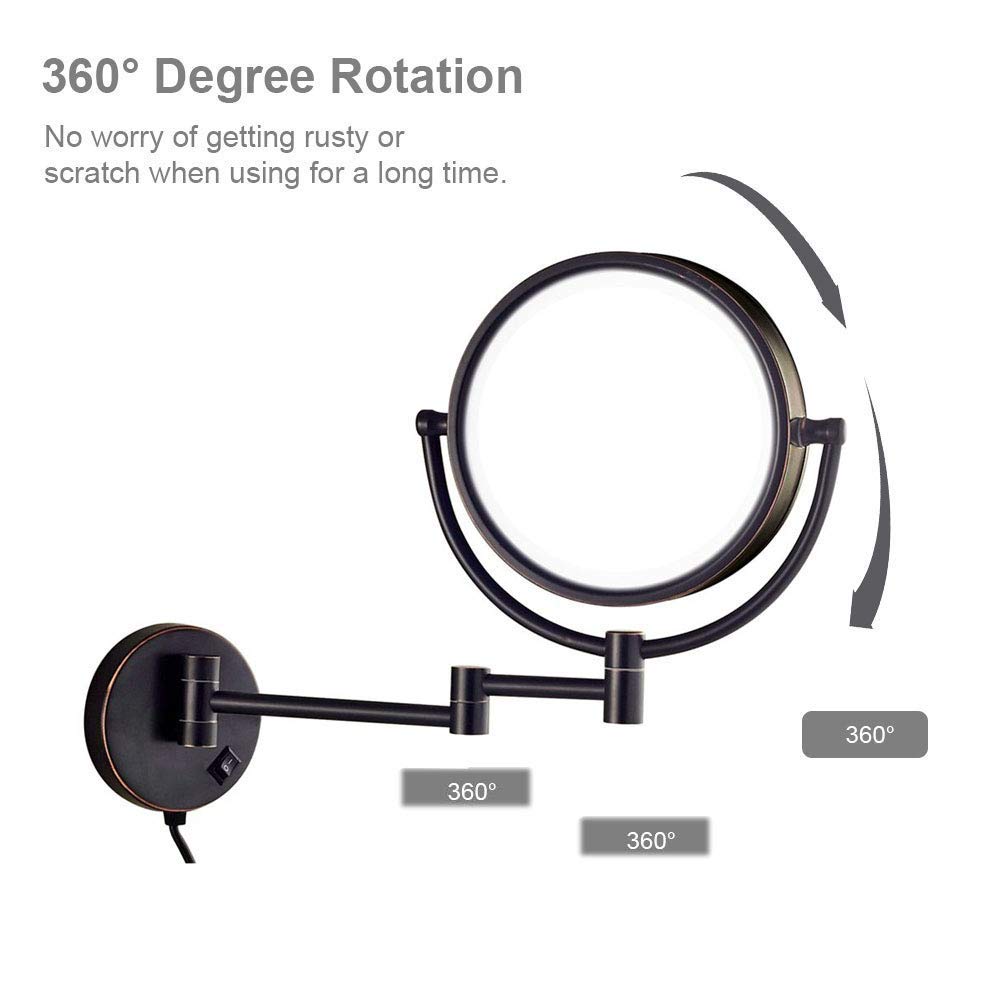Espejo De Maquillaje De Pared De 8 Pulgadas con Luz Led Y Aumento, Espejo De Tocador Giratorio De Doble Cara para Baño, Rotación De 360 Grados, Cuello De Cisne Flexible Y Ventosa,Matte Black-7x