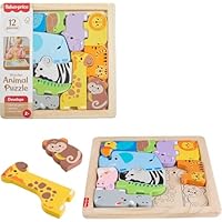 Fisher-Price Wood Toddler Toy Animal Puzzle, 12 Piece Wooden Shape-Sorting Activity for Preschool Kids Ages 2+ Years