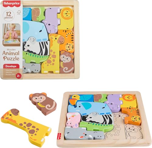 Image of Fisher-Price Wood Toddler Toy Animal Puzzle, 12 Piece Wooden Shape-Sorting Activity for Preschool Kids Ages 2+ Years