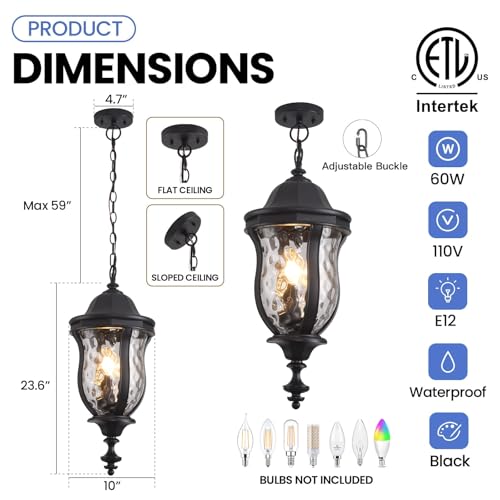 Image of Large Outdoor Pendant Light 23.6'' Black Hanging Lantern Porch Light