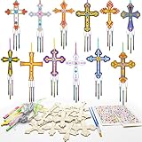 Complete DIY Wind Chime Kit: Includes 12 wooden cross cutouts in unique designs, 36 multicolor wind chime tubes, painting brushes, and hanging cords—everything needed for a fun and creative project Christian-Themed Craft Activity: Perfect for religio...