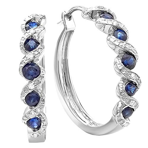 Dazzlingrock Collection Round Lab Created Blue Sapphire & White Diamond Hoop Earrings, Sterling Silver