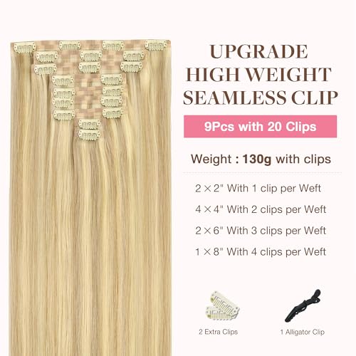 Image of GOO GOO Clip in Hair Extensions Real Human Hair, Remy Human Hair Extensions Clip ins for Women, Natural Human Hair, 14inch 130g 9Pcs, 18D /22F Dirty Blonde Highlights
