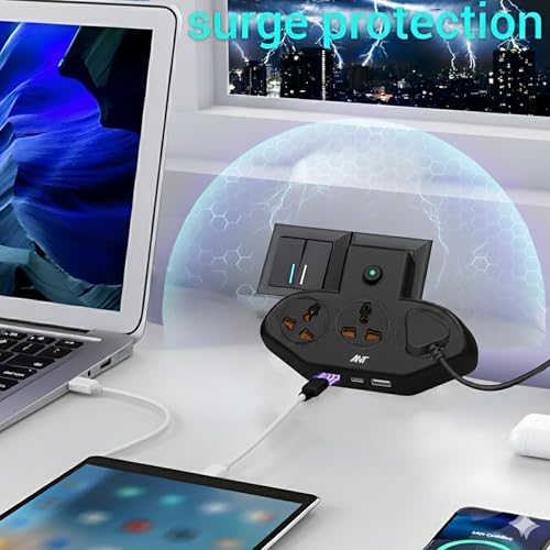 Image of Ant Stinger 321 Extension Board with Surge Protector |3 AC Sockets + 2 USB (2.1A) + 1Fast Type-C |2500W 10A Power Strip |One-Key Switch |Overload & Child Safety Protection |Multi Plug Power Strip