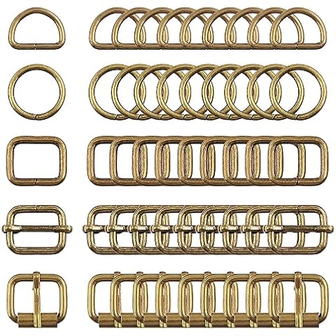 Swpeet 50Pcs 5 Style Approx 1 Inch Bronze Belt Buckle Metal Buckles Assortment Kit, Include Metal Roller Buckles, Metal Adjustable Slide Buckles, D Ring, Circular Ring, Square Ring for Purse Bag Cover