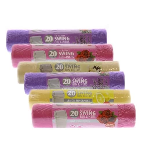Case of 6 of 20 Tie Handle Swing Scented Bin Liners Lavender, Lemon Rose, Vanilla.90cm Length
