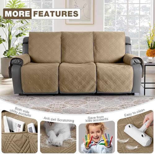 Image of TAOCOCO 100% Waterproof Recliner Sofa Cover, Non Slip Split Couch Covers for Reclining Couches with Elastic Straps, Washable Reclining Sofa Cover Furniture Protector for Kids Pets(3 Seater, Camel)