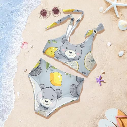 Girls' Bikini Set, Cartoon Bear Holding Lemon Kids Swimsuit 2 Pcs Beach Bathing Suit4