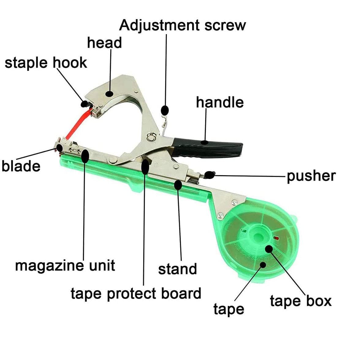 Vining Vegetables Garden Tape Tool - Máquina de atar a mano con 6 rollos de cinta y grapas para uvas, frambuesas y tomates
