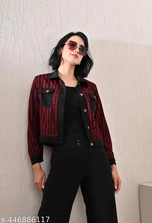 HRIKSHIKA FAISHON Women Cotton Blend Stylish 3pcs Western Set-Inner Top Jacket And Trouser Set (Black & Red, XL) 4