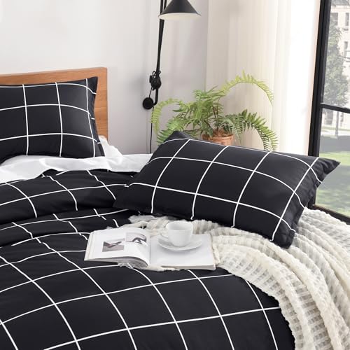Image of Andency Black Full Size Comforter Set, 3 Pieces Plaid Grid Bedding Comforter Set for Boys Kids, All Season Soft Lightweight Polyester Gingham Geometric Bed Set