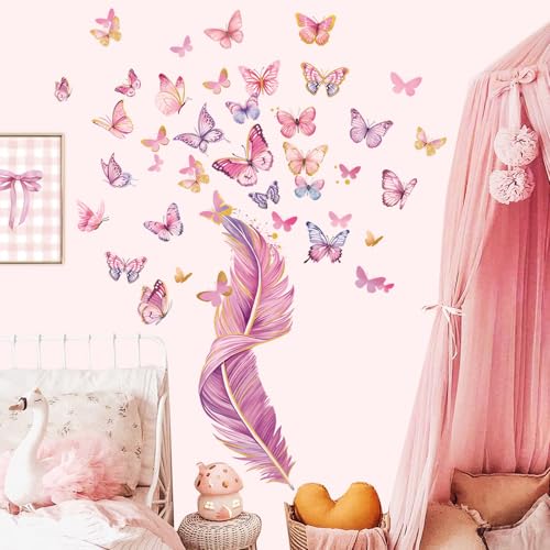 decalmile Stickers Muraux Plume Grand Autocollant Mural Rose Papillons Décoration Murale Bébé Fille Chambre Enfants Pépinière