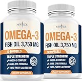 Triple Strength Omega 3 Fish Oil 3750 mg - EPA & DHA - Over 3000mg Omega-3 Fatty Acids - 1350mg EPA + 900mg DHA - Best Essential Fatty Acids, Burpless Fish Oil - 180 Count