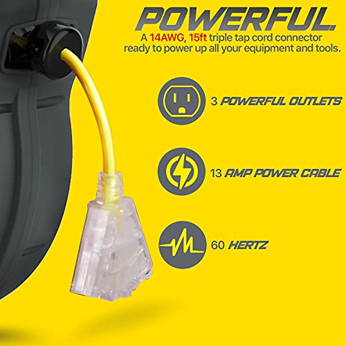 Reelworks Extension Cord Reel Retractable 14Awg X 50' Foot 3C/Sjtow Glow Strip Cable Triple Tap Connector Advanced Slow Retraction Technology (Srt) #TOP2