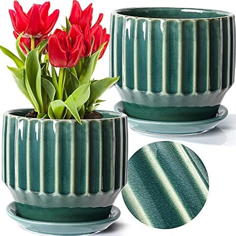 AISBUGUR Ceramic Plant Pots 6 inch Set of 2 Plant Pots with Drainage Hole and Saucer Unique Crackle Glaze Design Pots for Indoor Plants Come with Drainage Nets, Green Cover