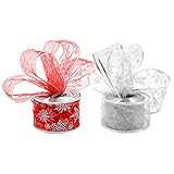 Decoraciones de Navidad: la cinta con alambre de copo de nieve de color plateado y rojo es de 6,3 cm x 10 m, se puede utilizar como cinta para tartas de Navidad, cinta de regalo de Navidad y cinta para árbol de Navidad, y son lo suficientemente largas para que decores cualquier cosa que desees