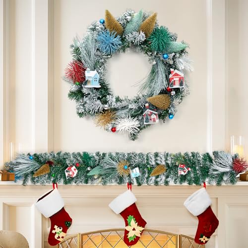 Christmas Wreaths for Front Door, 24-Inch Snow Frosted Wreath with Rustic House and Pinecones, Farmhouse Winter Xmas Wreath for Fireplace, Table, Windows, Walls