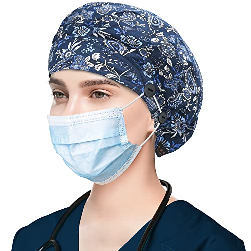 Image of ABAMERICA Bouffant Caps with Button and Sweatband, Adjustable Scrub Caps for Women Men, One Size Multi Color