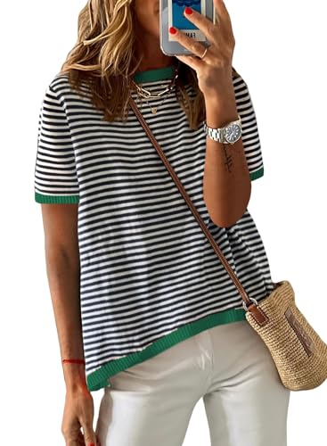Image of Womens Short Sleeve Striped Color Block Crew Neck Sweater Shirt Lightweight Cotton Casual Summer Pullover Tops